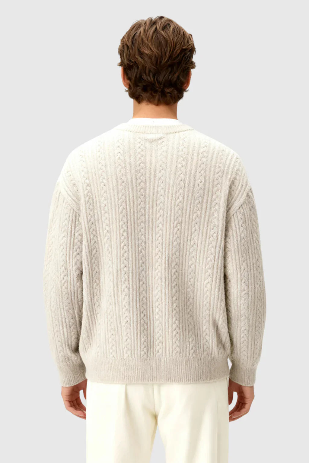 Men's Cable Knit Sweater with Small V-Neck - Oatmeal