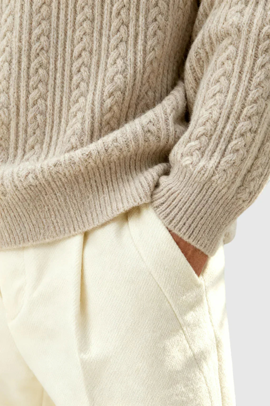 Men's Cable Knit Sweater with Small V-Neck - Oatmeal