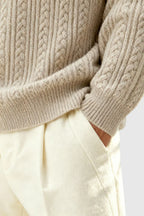 Men's Cable Knit Sweater with Small V-Neck - Oatmeal