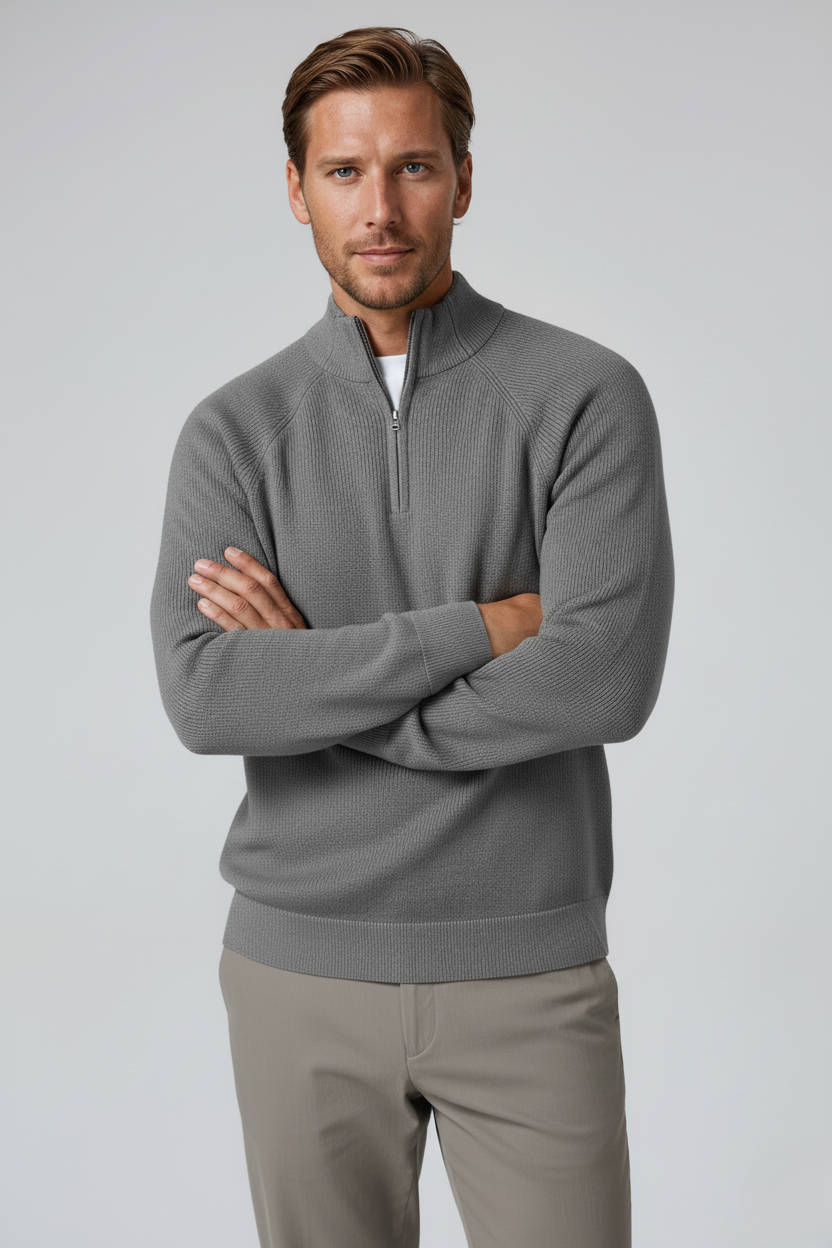 Men's Half-Zip Sweater with Stand Collar - Grey