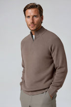 Men's Half-Zip Knit Sweater with Stand Collar - Taupe Brown