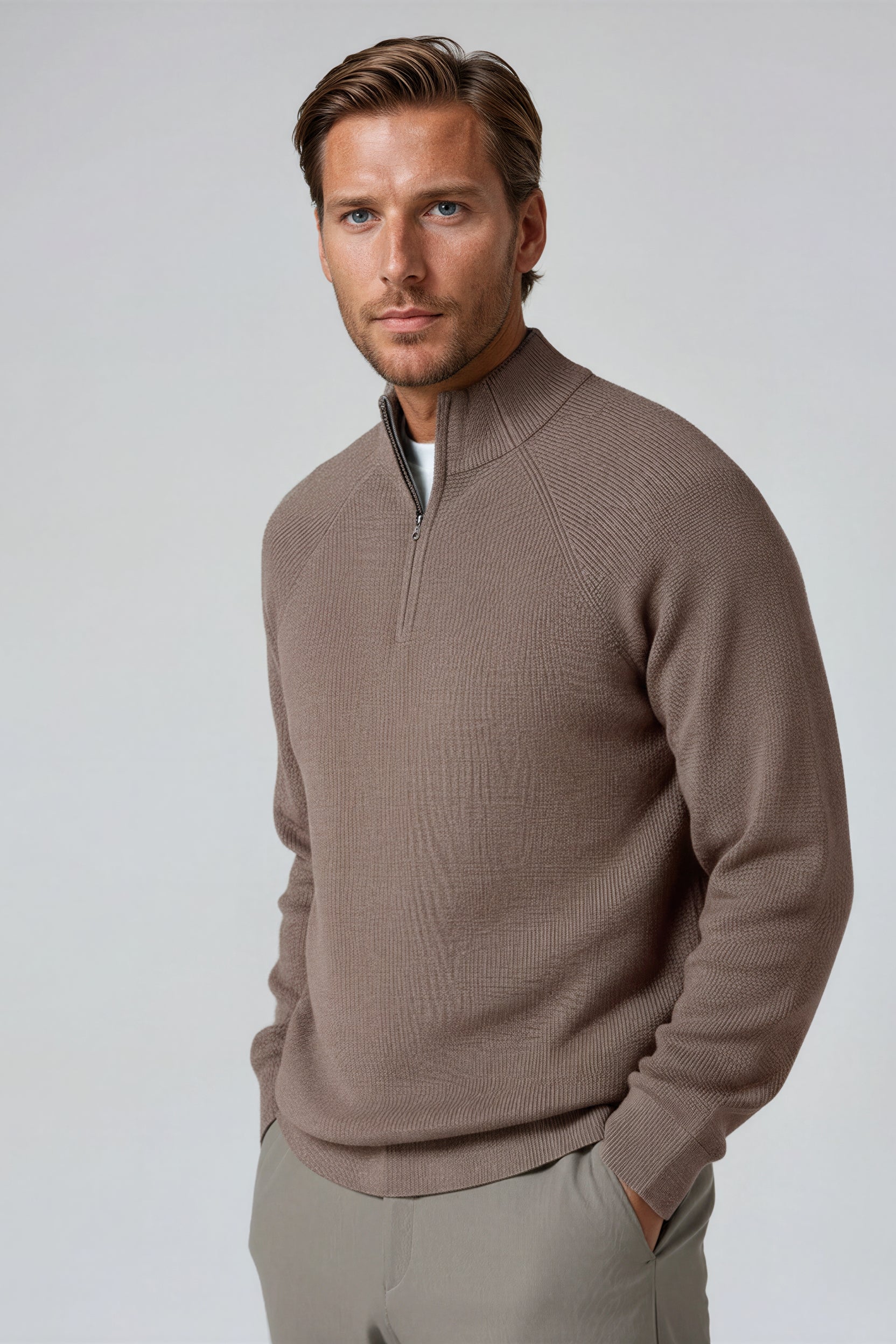 Men's Half-Zip Knit Sweater with Stand Collar - Taupe Brown