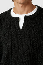 Men's Cable Knit Sweater with Small V-Neck - Black