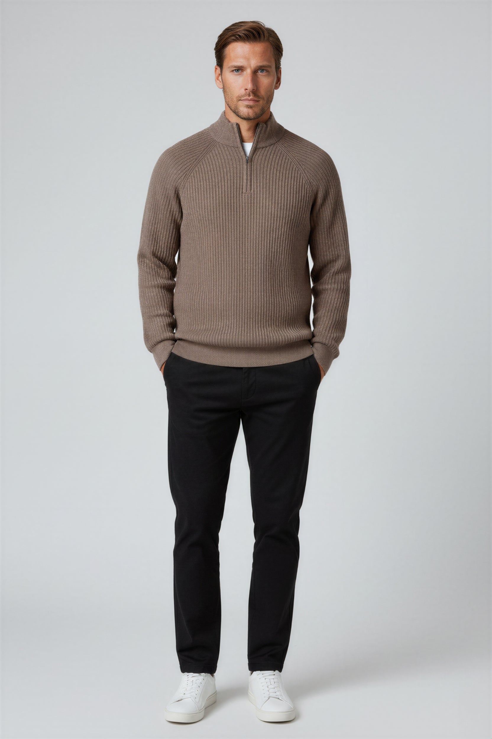 Men's Half-Zip Knit Sweater with Stand Collar - Taupe Brown