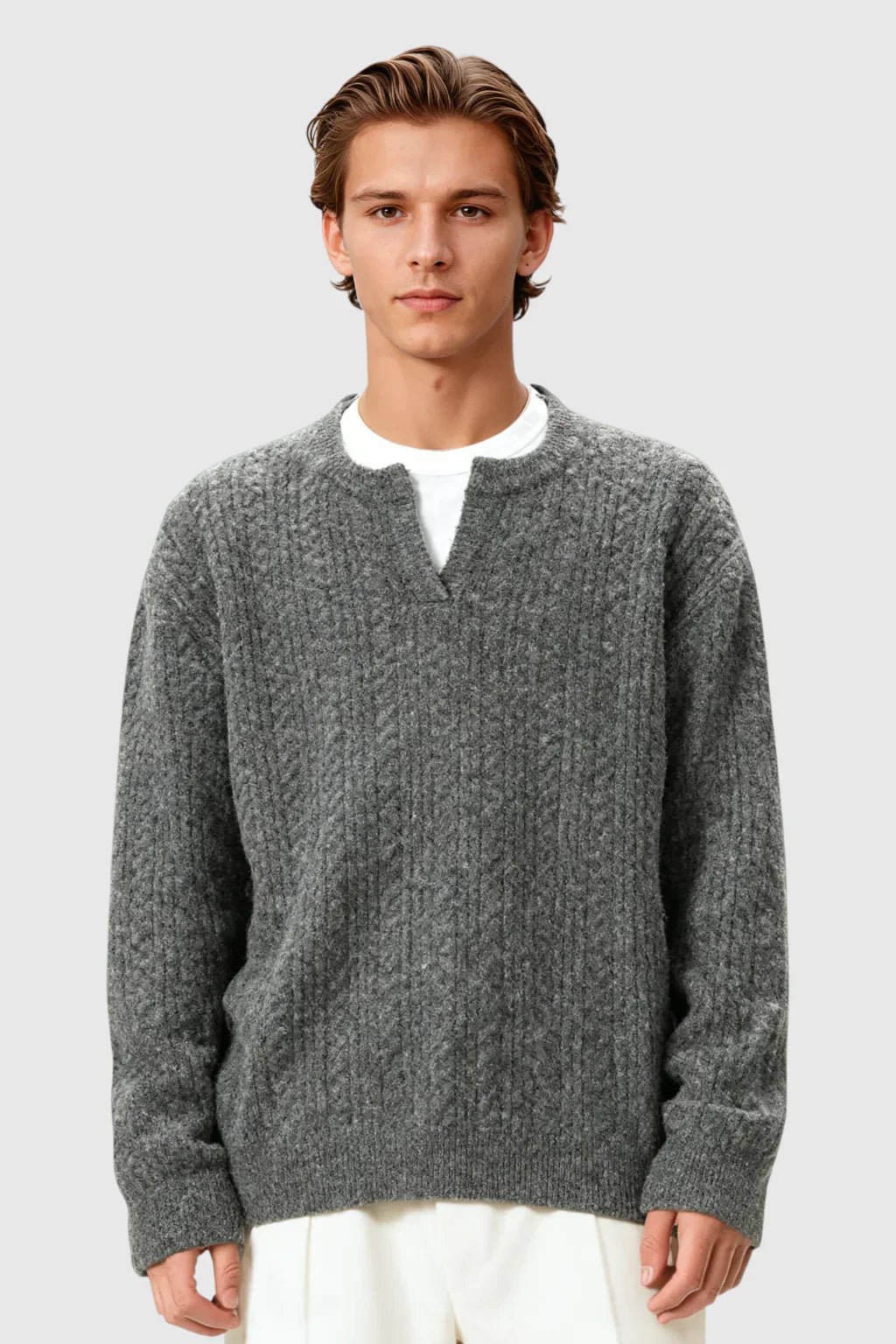 Men's Cable Knit Sweater with Small V-Neck - Grey