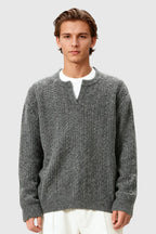 Men's Cable Knit Sweater with Small V-Neck - Grey