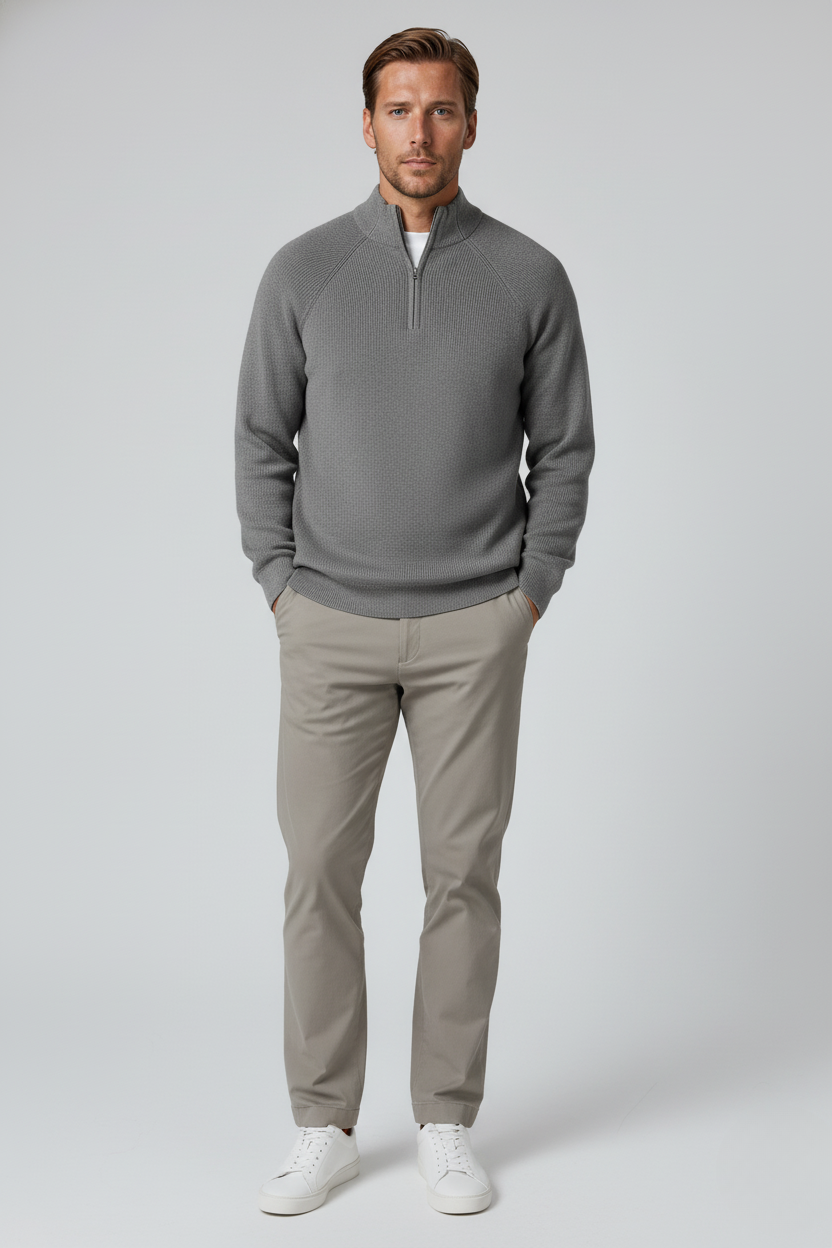 Men's Half-Zip Sweater with Stand Collar - Grey