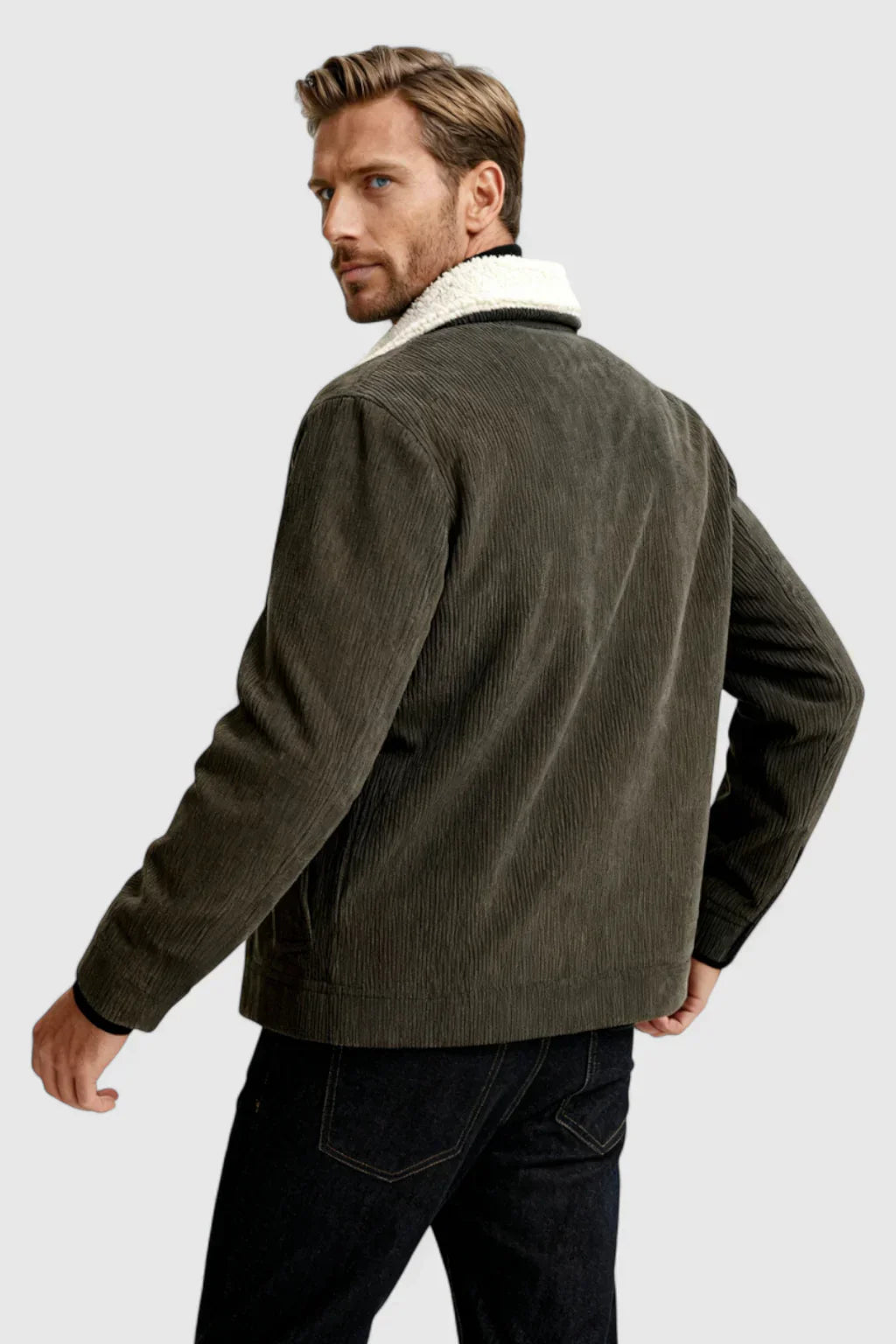 Men's Corduroy Jacket with Sherpa Collar - Coffee Brown