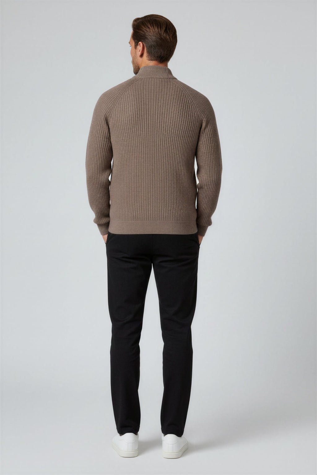 Men's Half-Zip Knit Sweater with Stand Collar - Taupe Brown