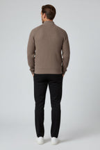 Men's Half-Zip Knit Sweater with Stand Collar - Taupe Brown