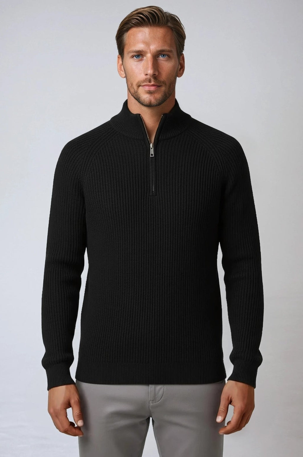 Men's Half-Zip Knit Sweater with Stand Collar - Black