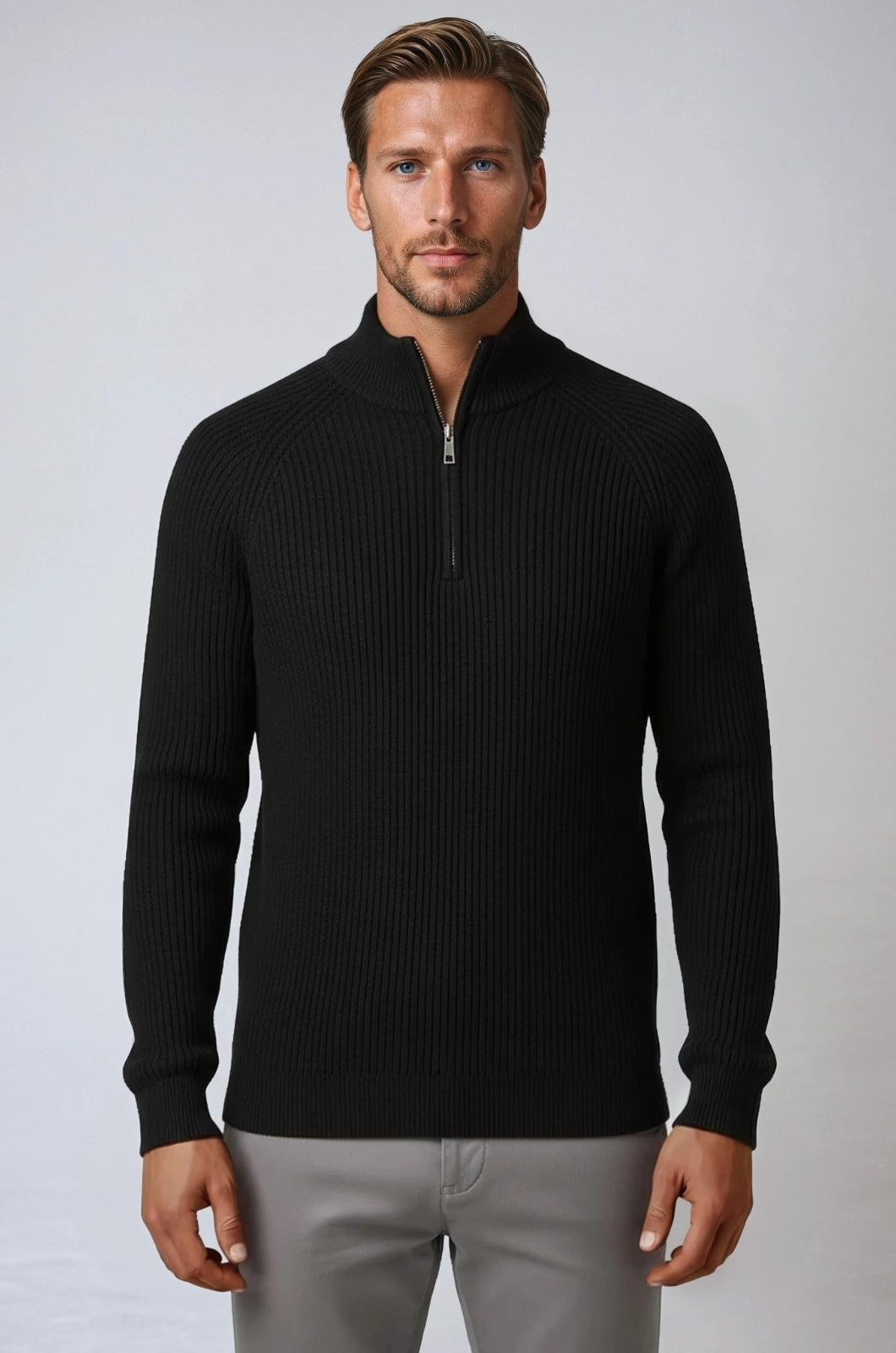 Men's Half-Zip Knit Sweater with Stand Collar - Black