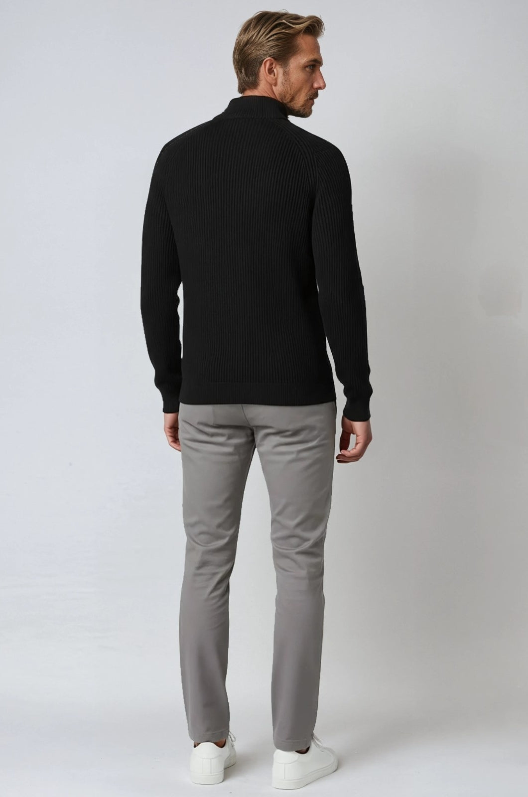 Men's Half-Zip Knit Sweater with Stand Collar - Black