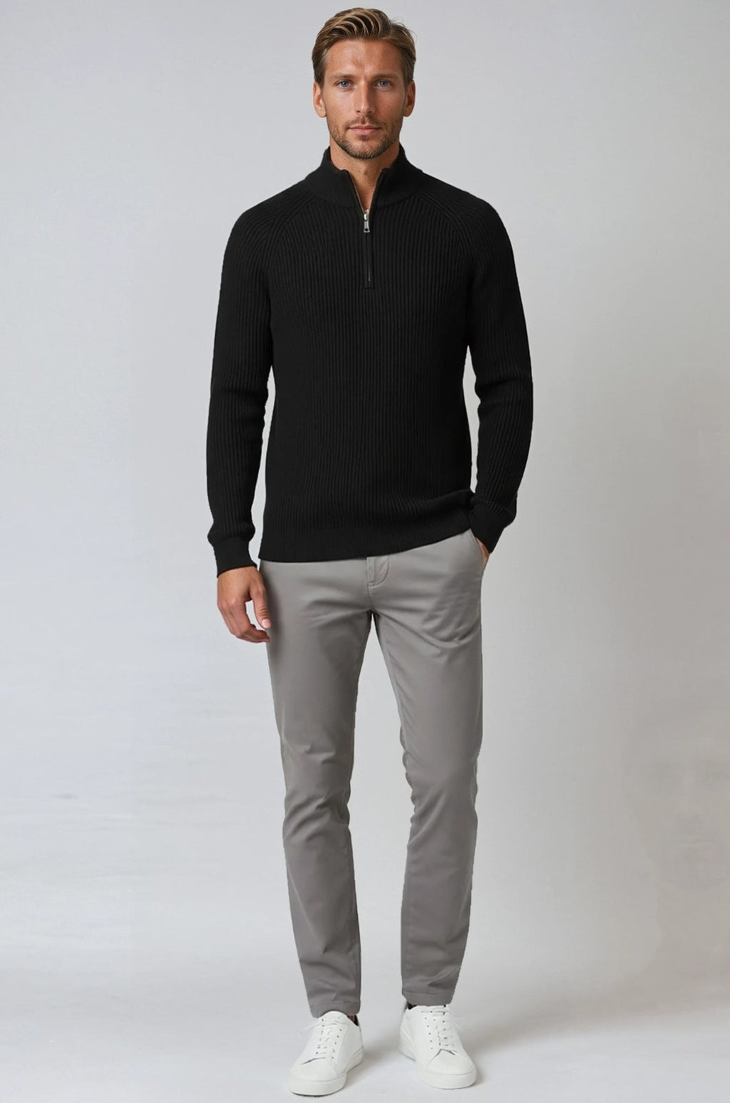 Men's Half-Zip Knit Sweater with Stand Collar - Black