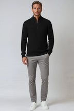 Men's Half-Zip Knit Sweater with Stand Collar - Black