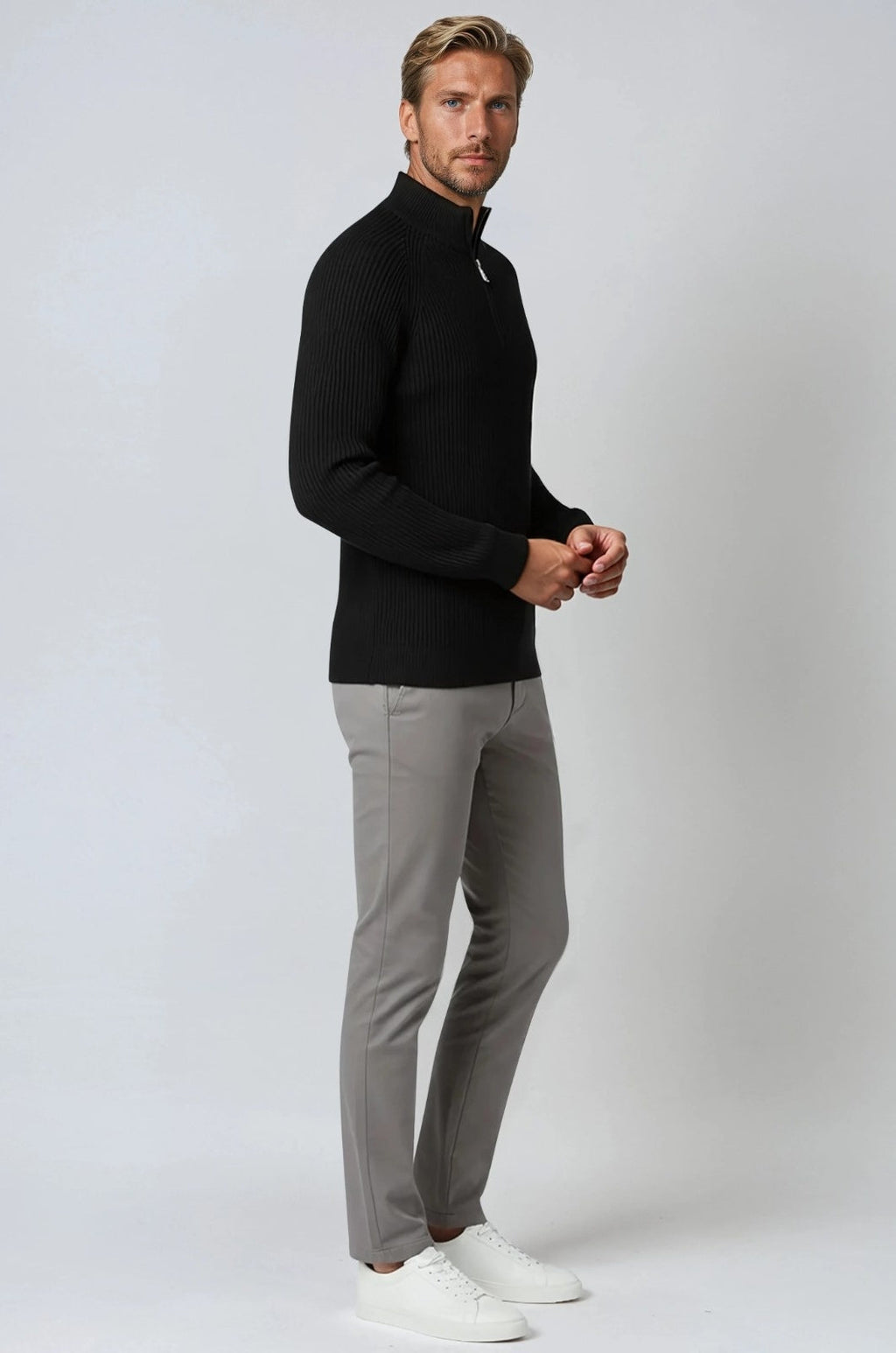 Men's Half-Zip Knit Sweater with Stand Collar - Black