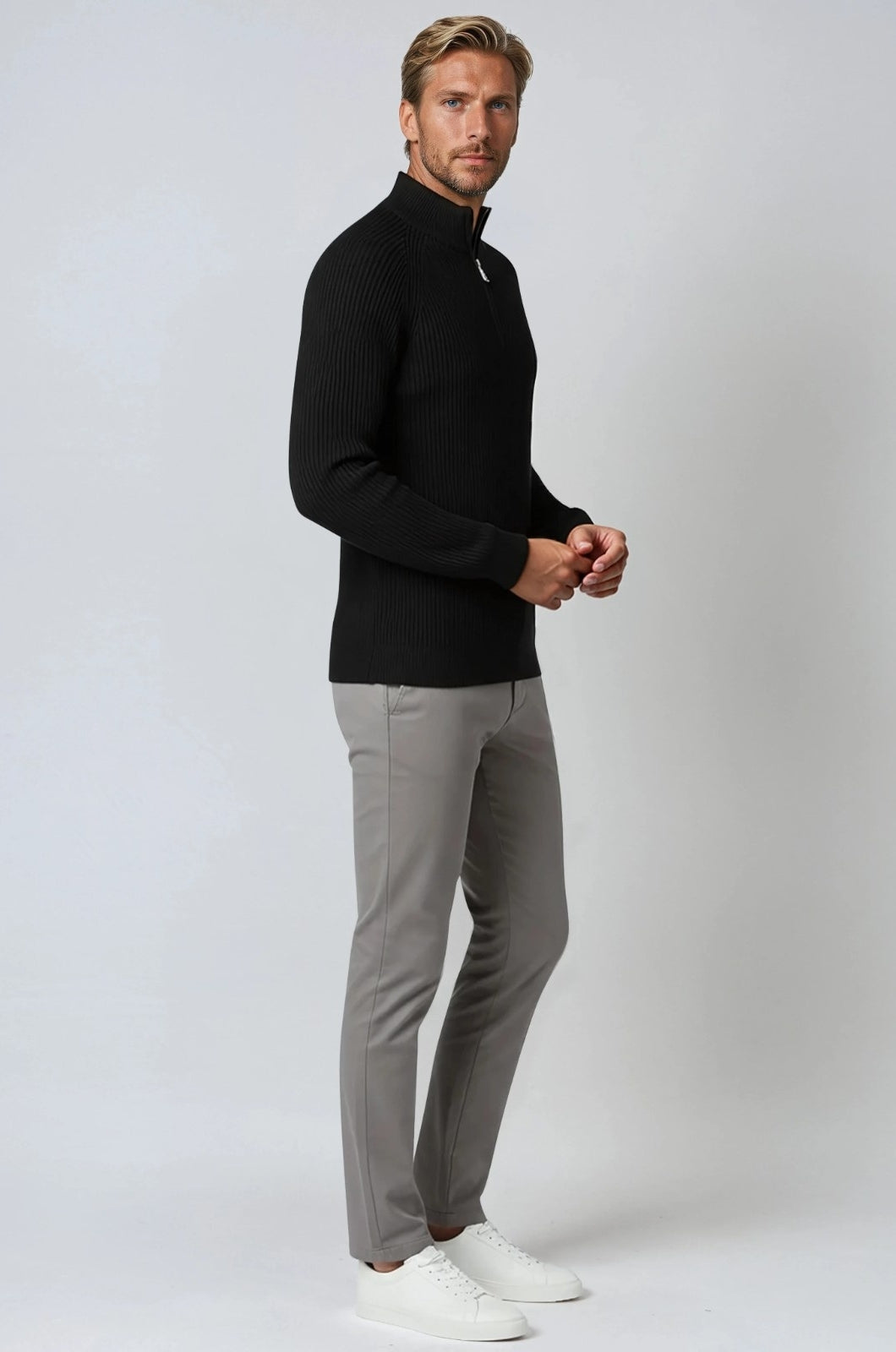 Men's Half-Zip Knit Sweater with Stand Collar - Black