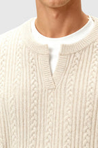 Men's Cable Knit Sweater with Small V-Neck - Oatmeal