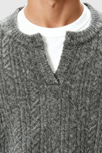 Men's Cable Knit Sweater with Small V-Neck - Grey