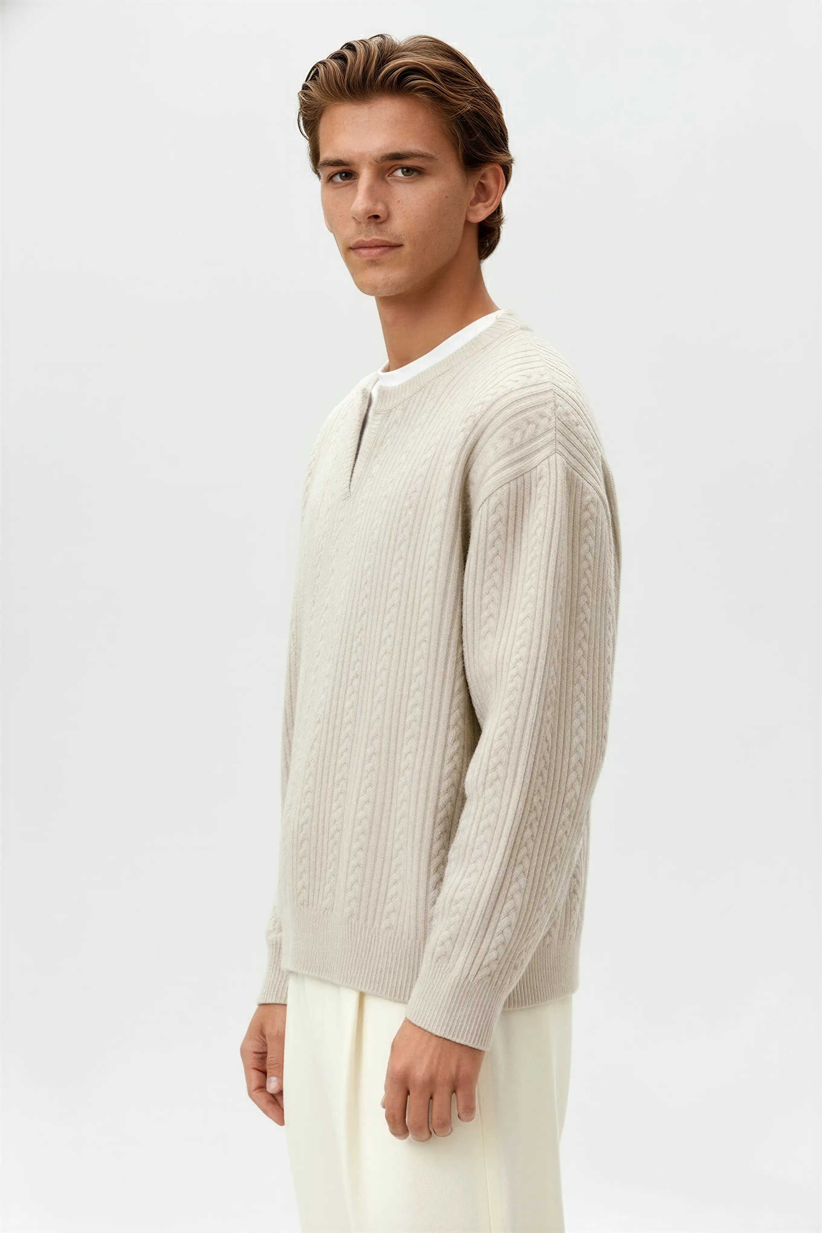 Men's Cable Knit Sweater with Small V-Neck - Oatmeal
