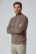 Men's Half-Zip Knit Sweater with Stand Collar - Taupe Brown
