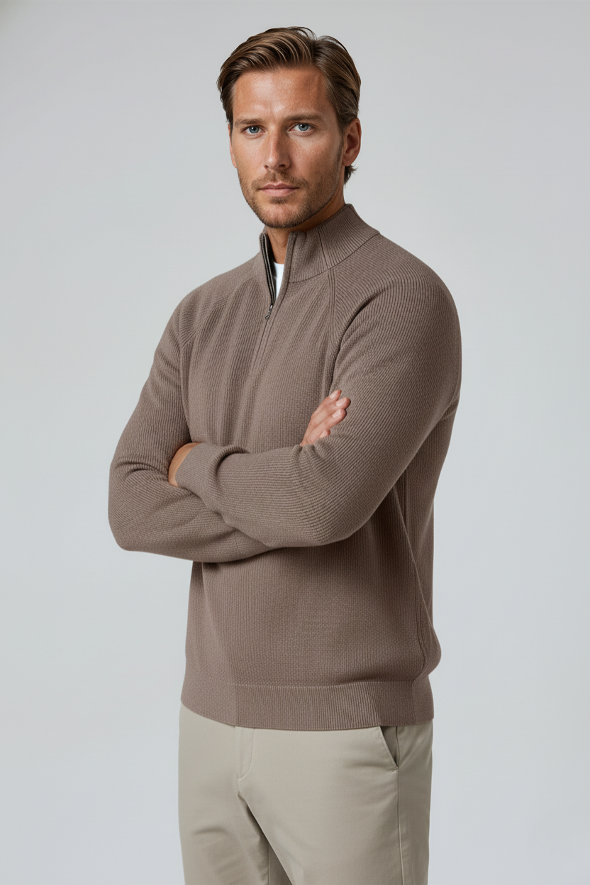 Men's Half-Zip Knit Sweater with Stand Collar - Taupe Brown
