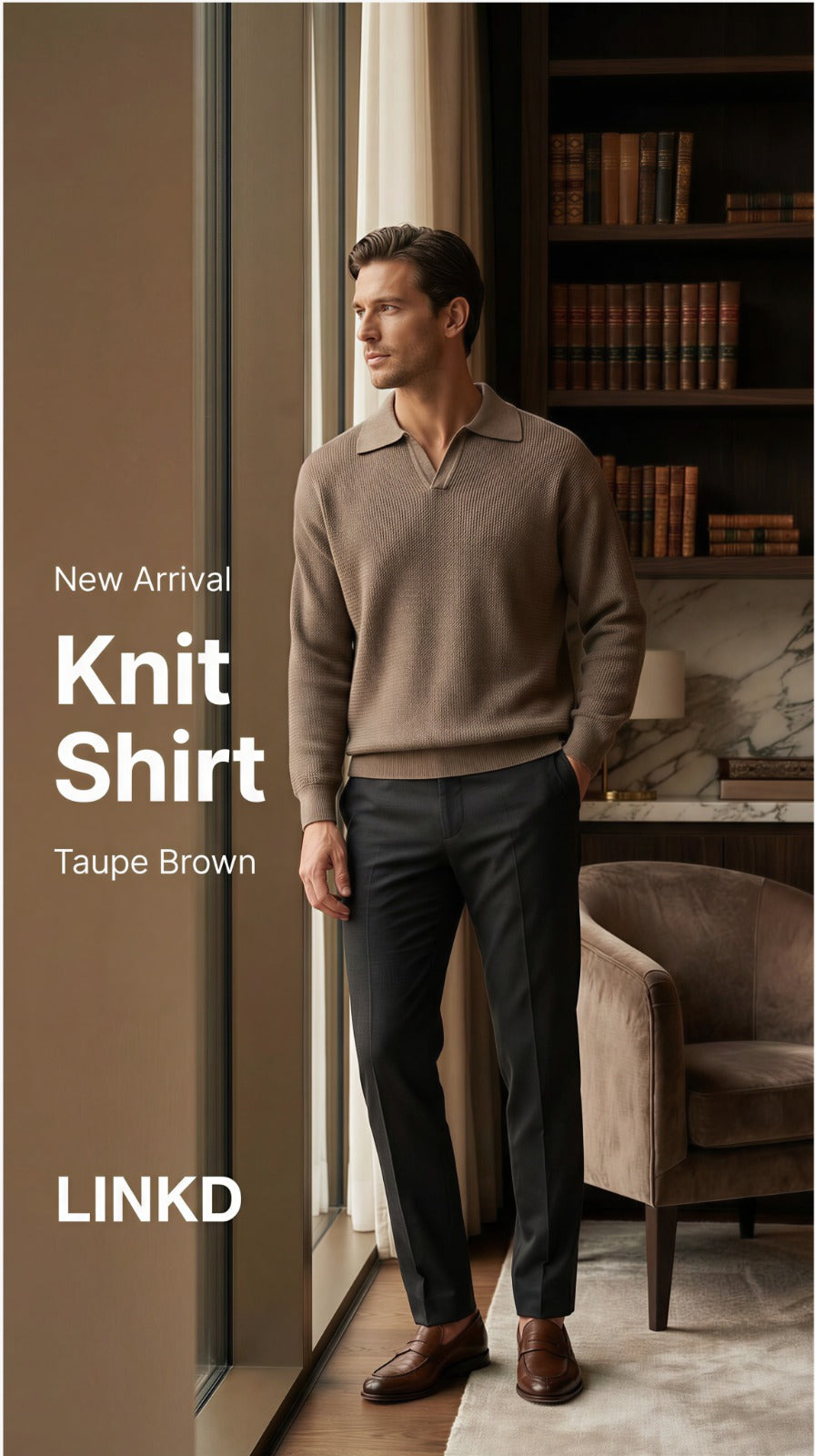 Men's Long Sleeve Knit Shirt with Lapel Collar