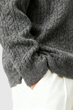 Men's Cable Knit Sweater with Small V-Neck - Grey
