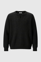 Men's Cable Knit Sweater with Small V-Neck - Black