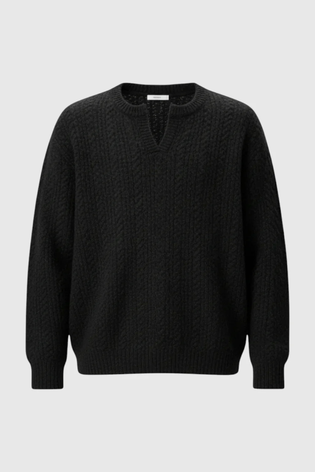 Men's Cable Knit Sweater with Small V-Neck - Black