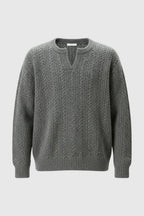Men's Cable Knit Sweater with Small V-Neck - Grey