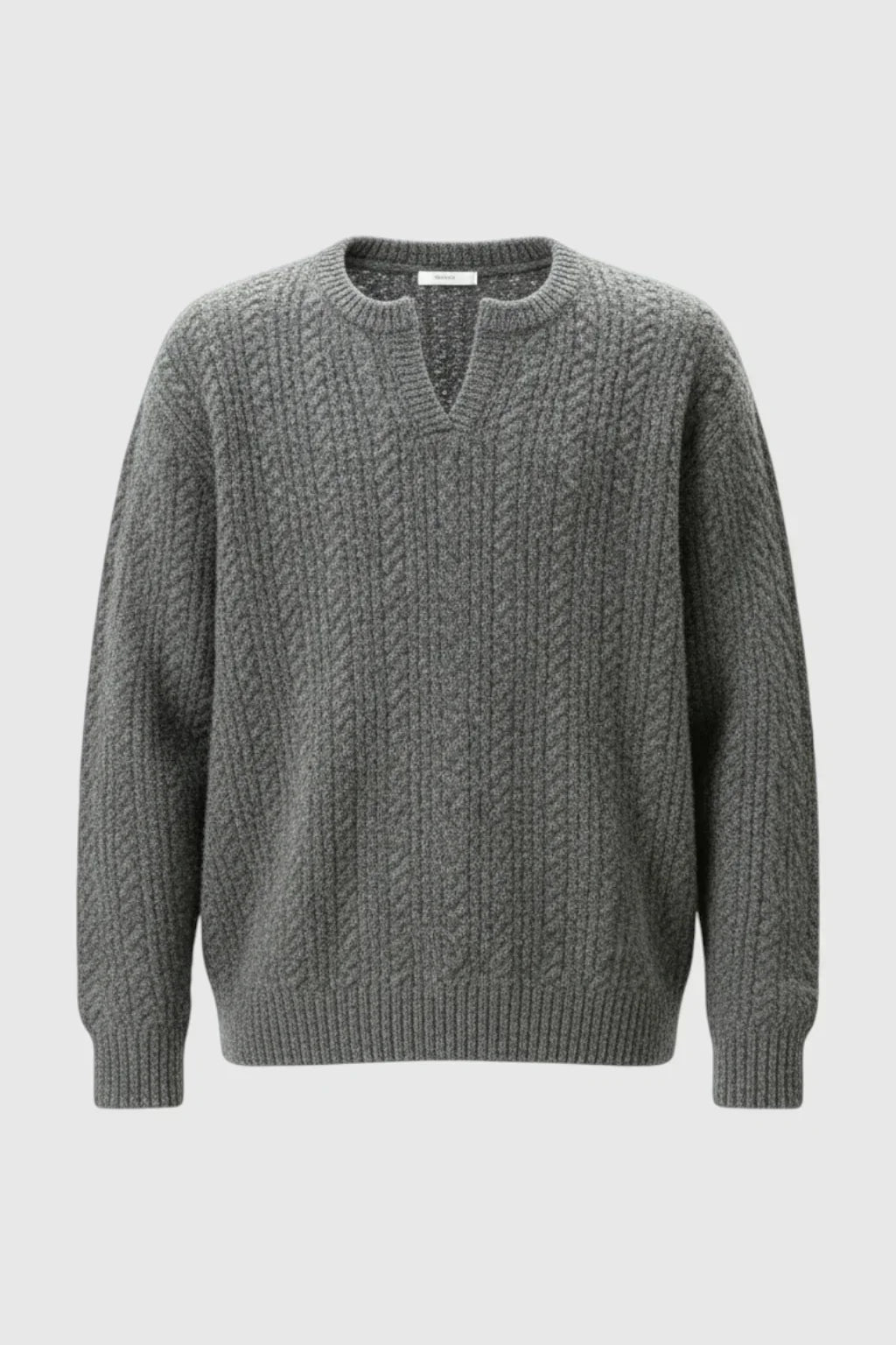 Men's Cable Knit Sweater with Small V-Neck - Grey