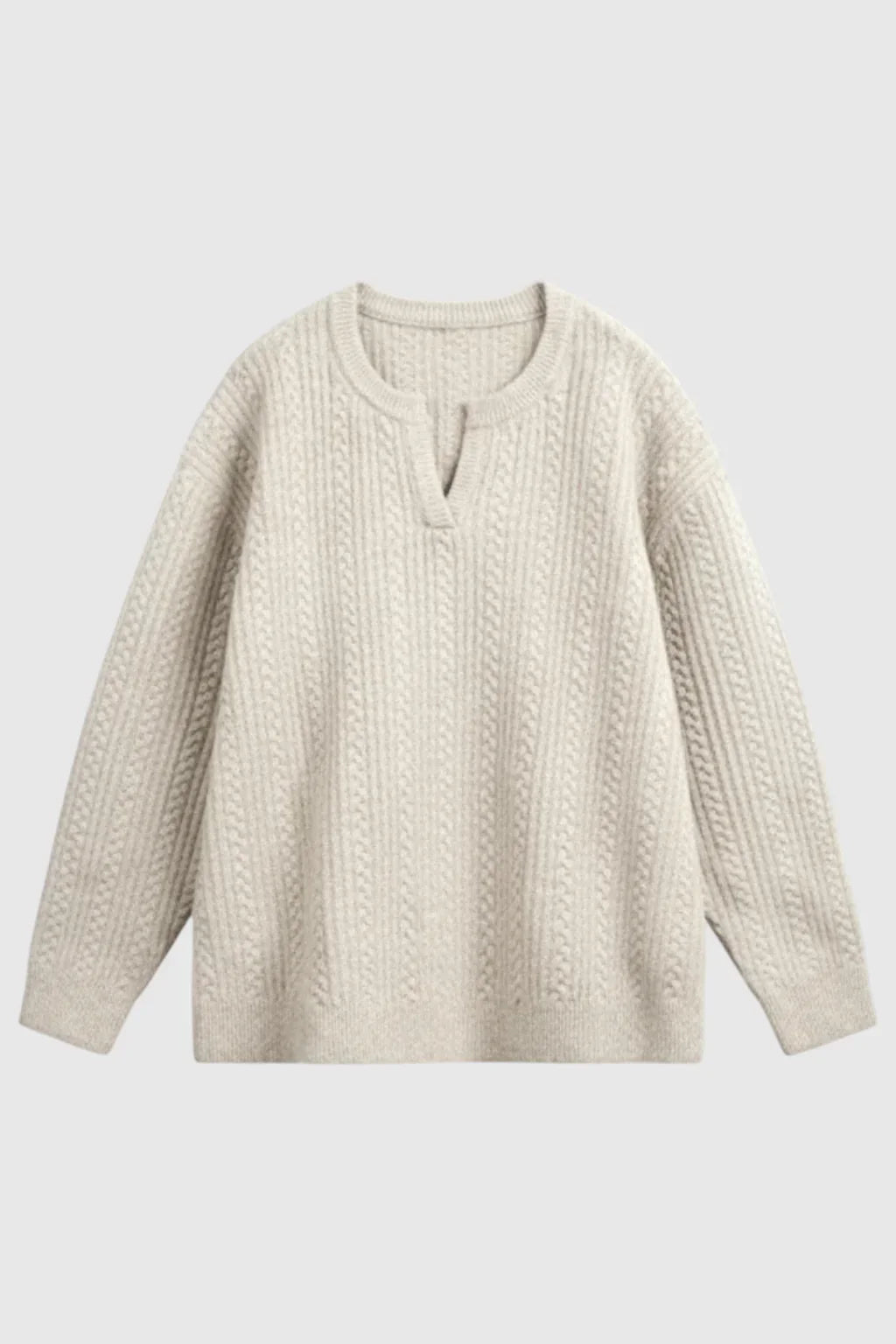 Men's Cable Knit Sweater with Small V-Neck - Oatmeal
