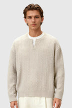 Men's Cable Knit Sweater with Small V-Neck - Oatmeal