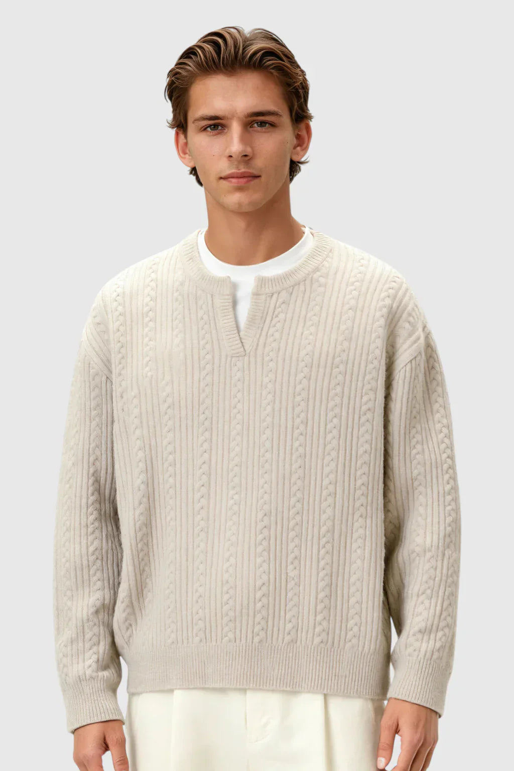 Men's Cable Knit Sweater with Small V-Neck - Oatmeal