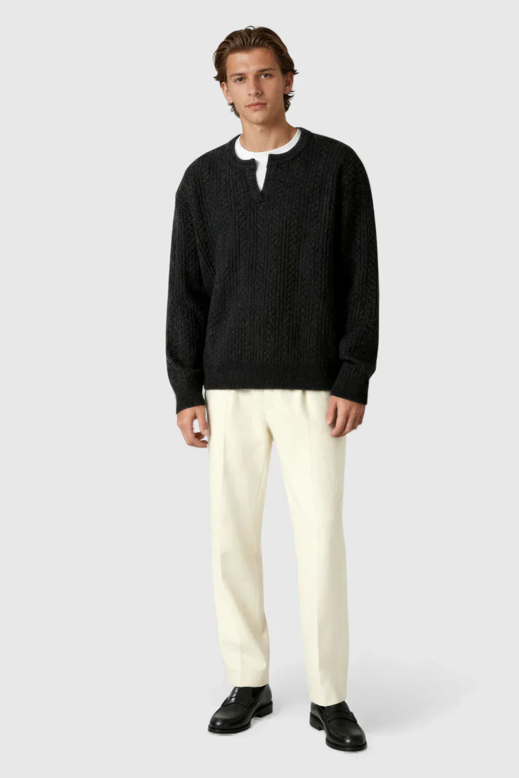 Men's Cable Knit Sweater with Small V-Neck - Black