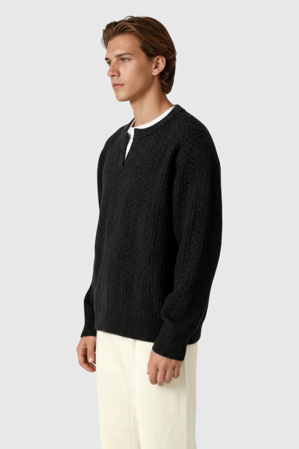 Men's Cable Knit Sweater with Small V-Neck - Black
