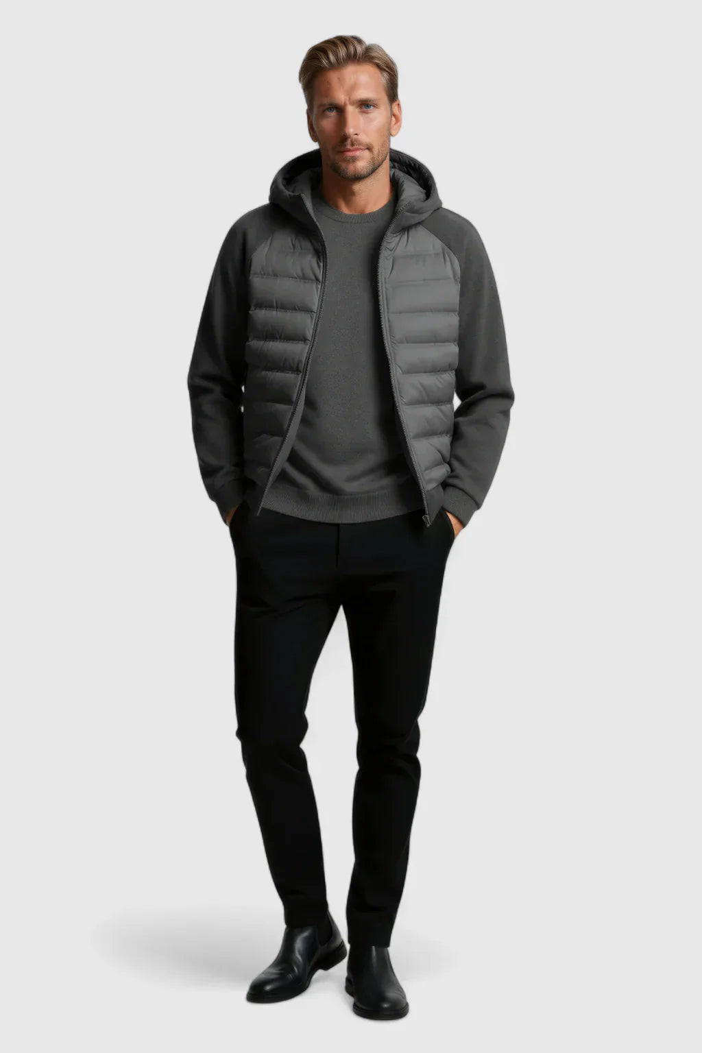 Loose Fit Hooded Down Jacket - Charcoal Gray
