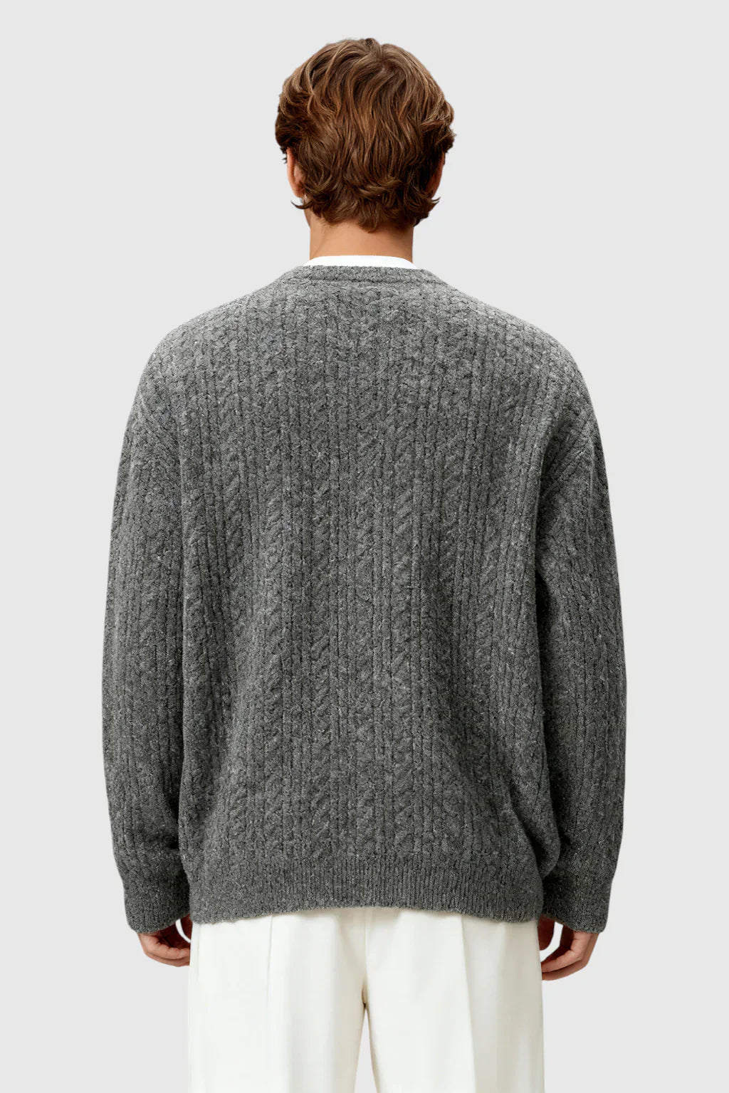 Men's Cable Knit Sweater with Small V-Neck - Grey