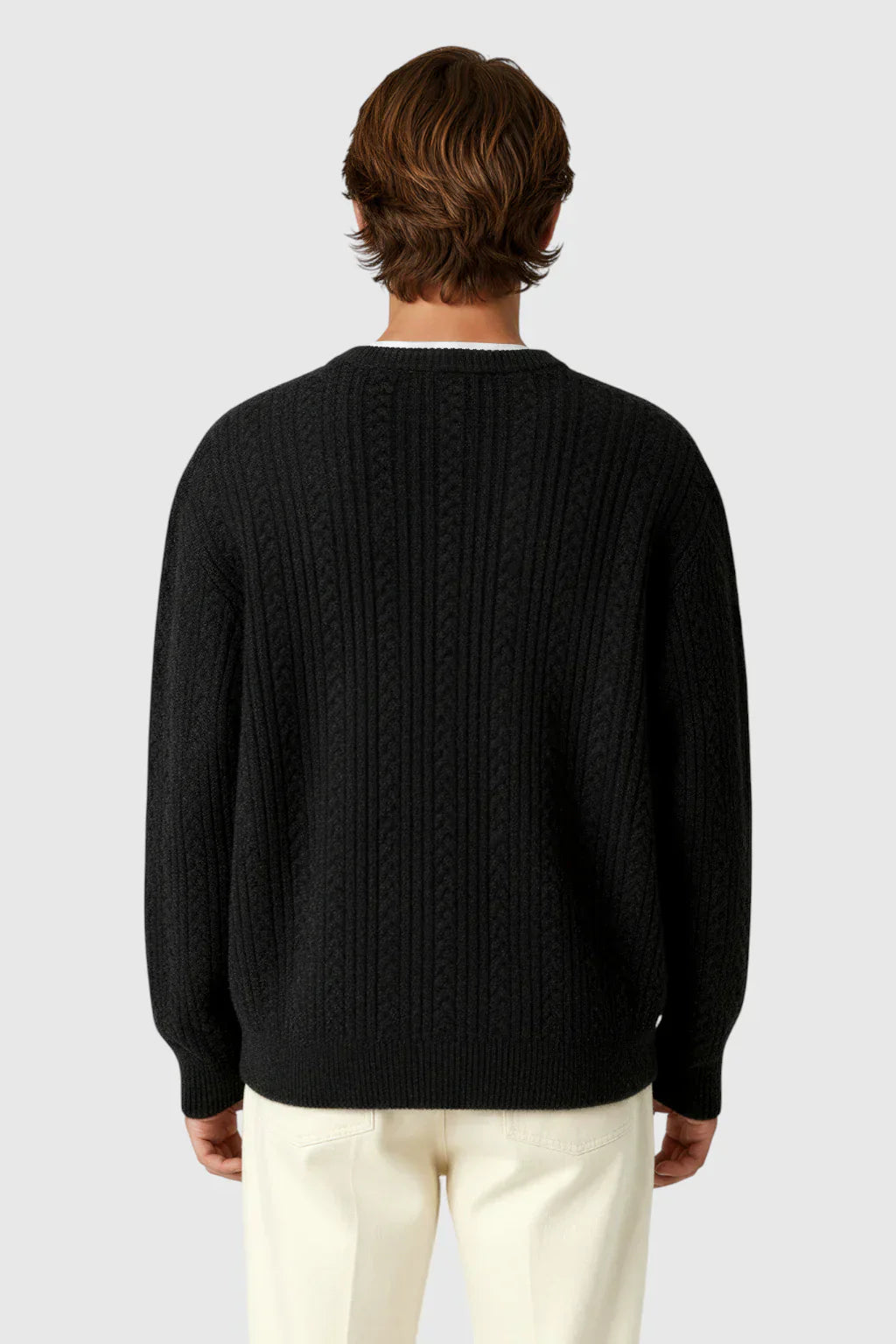 Men's Cable Knit Sweater with Small V-Neck - Black