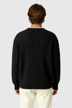 Men's Cable Knit Sweater with Small V-Neck - Black