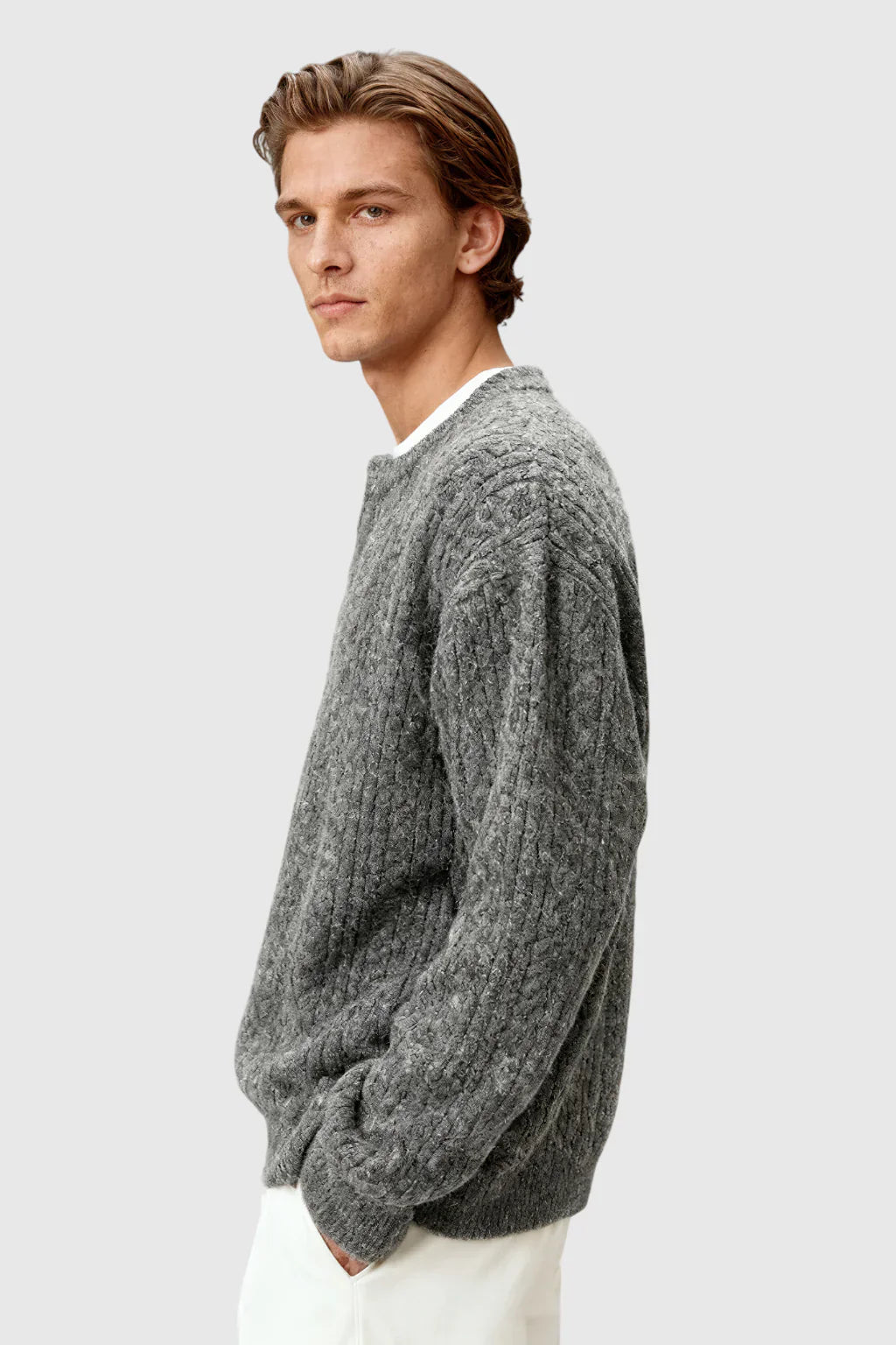 Men's Cable Knit Sweater with Small V-Neck - Grey