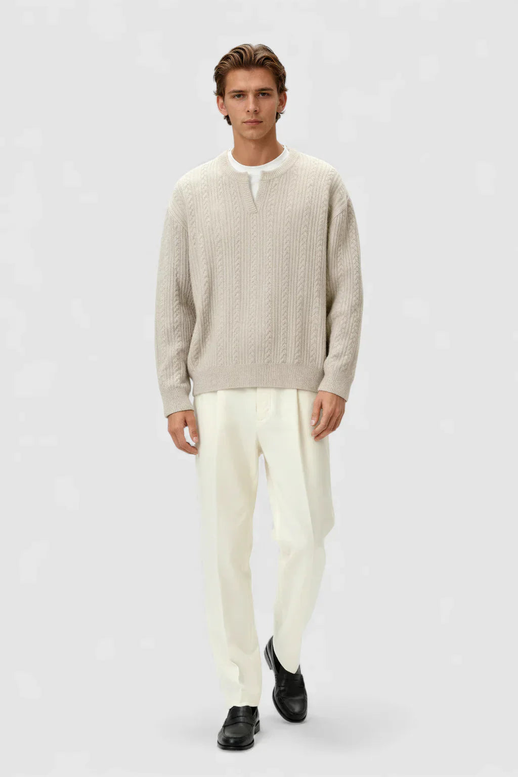 Men's Cable Knit Sweater with Small V-Neck - Oatmeal