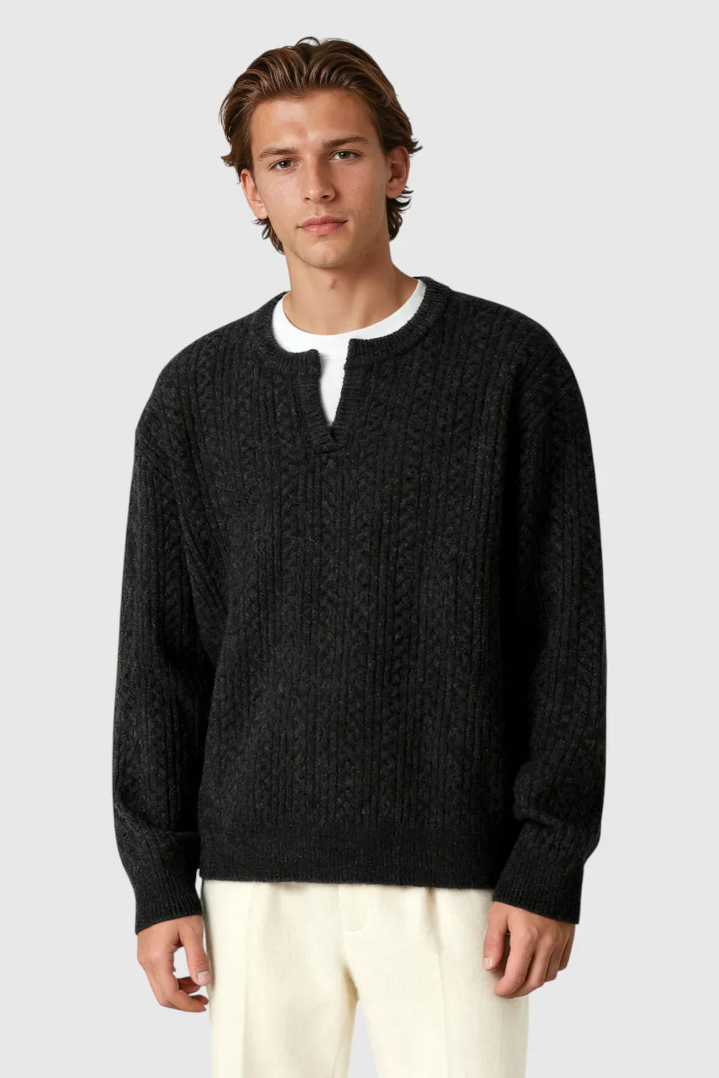 Men's Cable Knit Sweater with Small V-Neck - Black