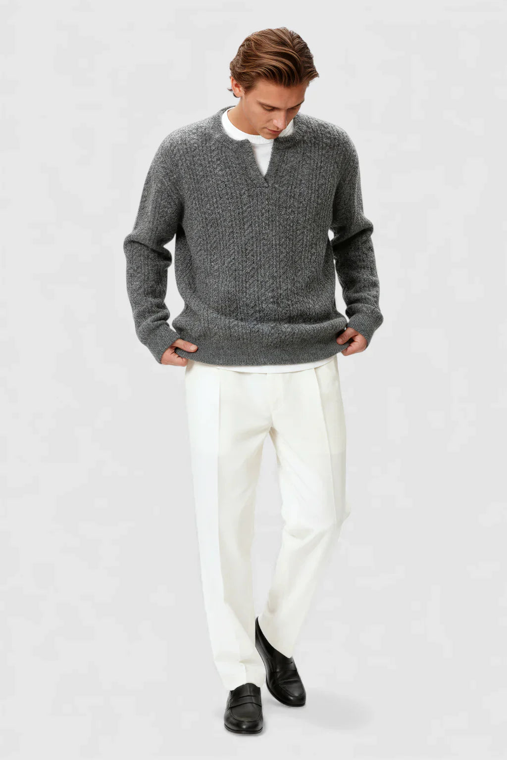 Men's Cable Knit Sweater with Small V-Neck - Grey
