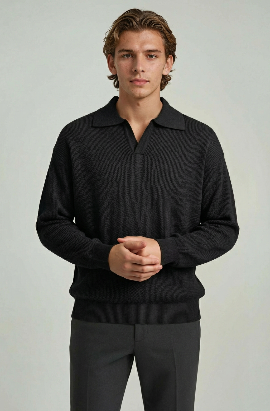 Men's Long Sleeve Knit Shirt with Lapel Collar