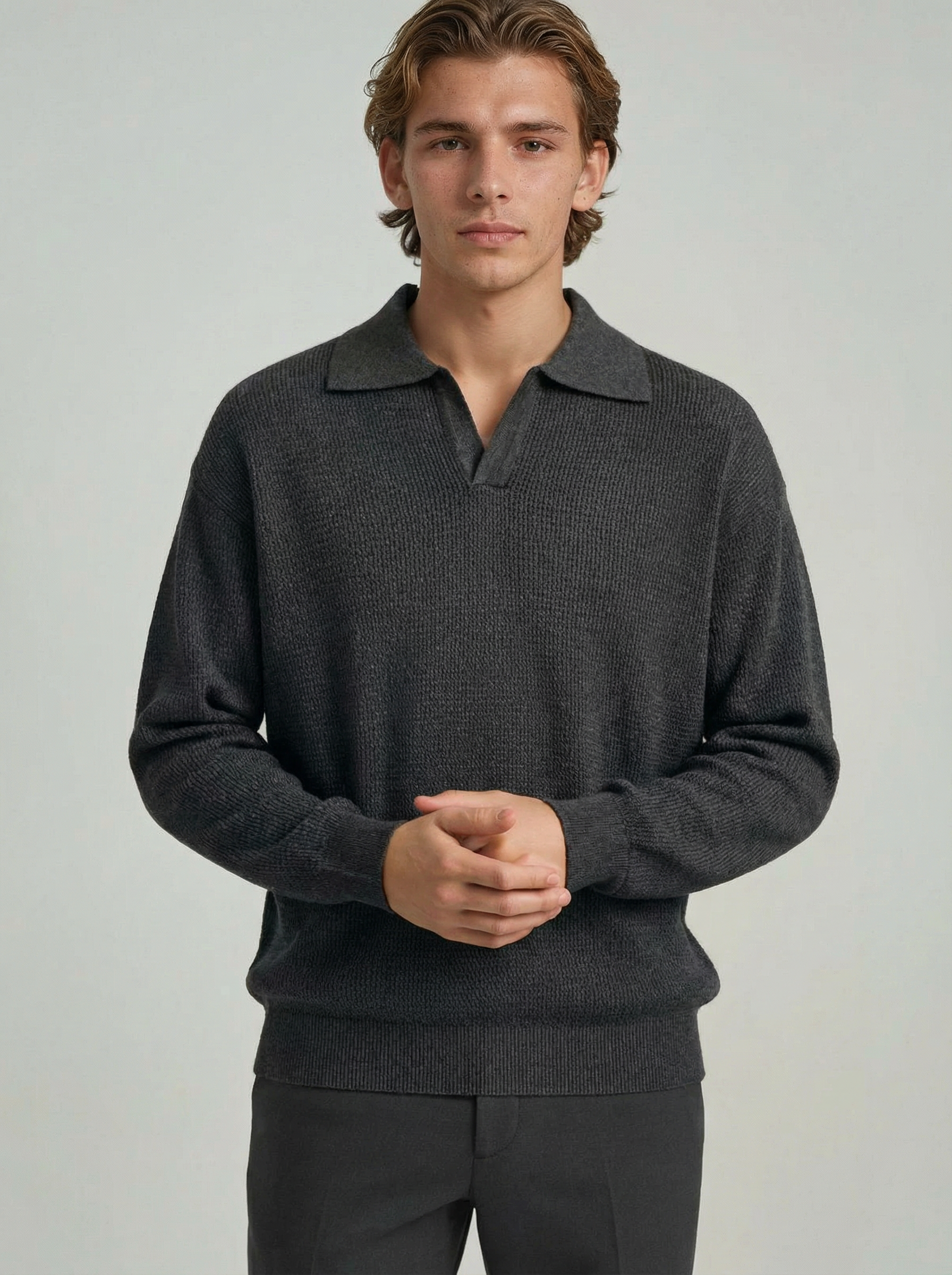 Men's Long Sleeve Knit Shirt with Lapel Collar