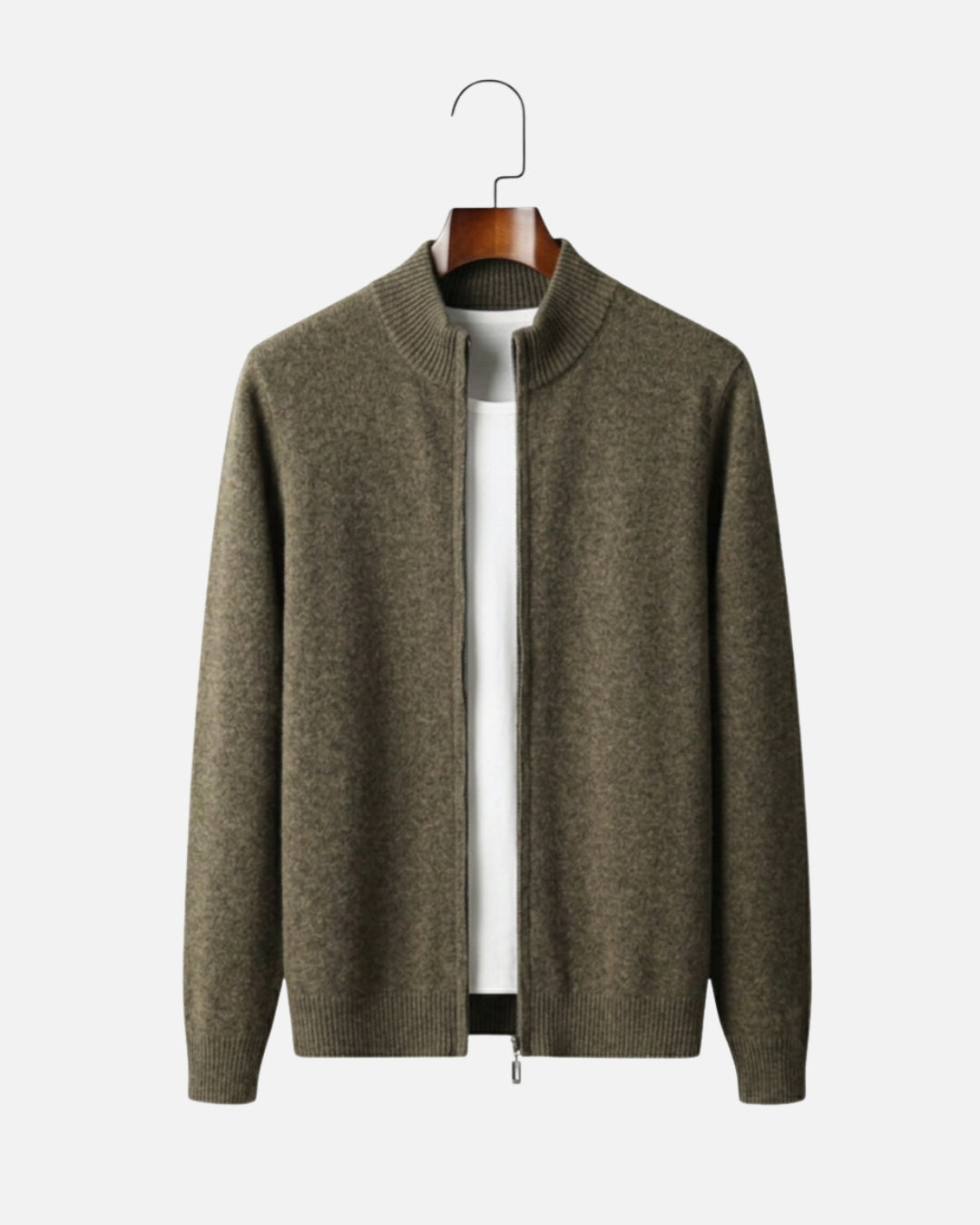 Merino Wool Full-Zip Sweater - Olive