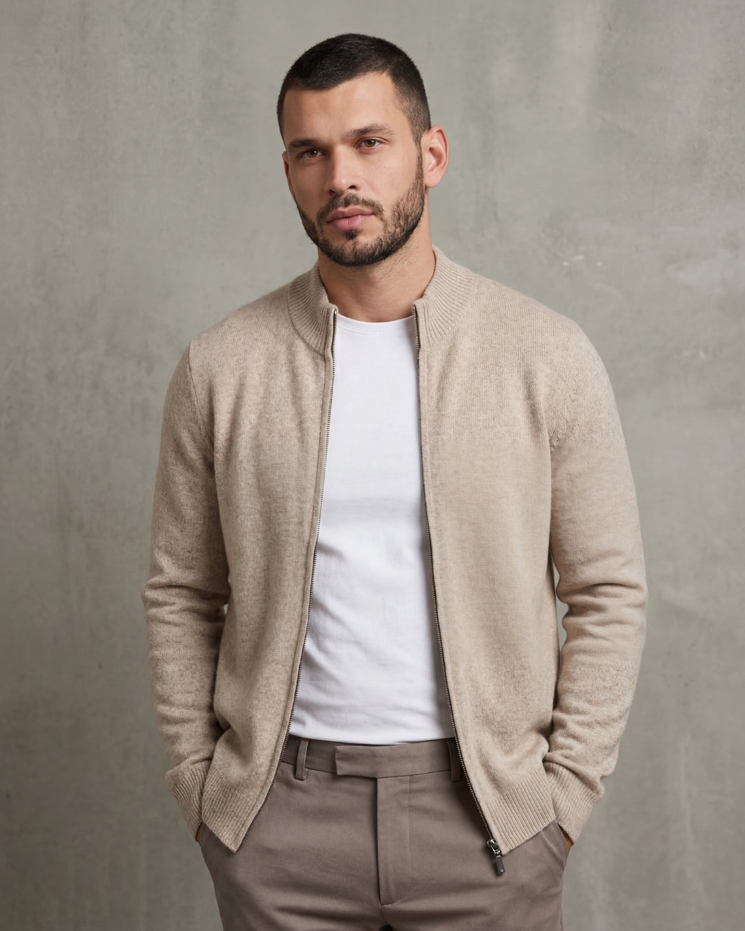 Merino Wool Full-Zip Sweater - Beige