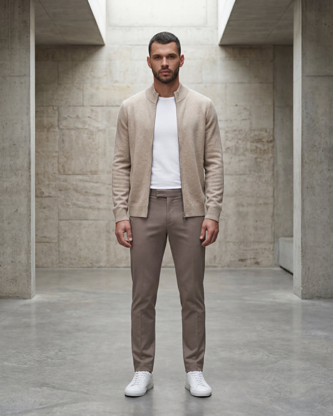 Merino Wool Full-Zip Sweater - Beige